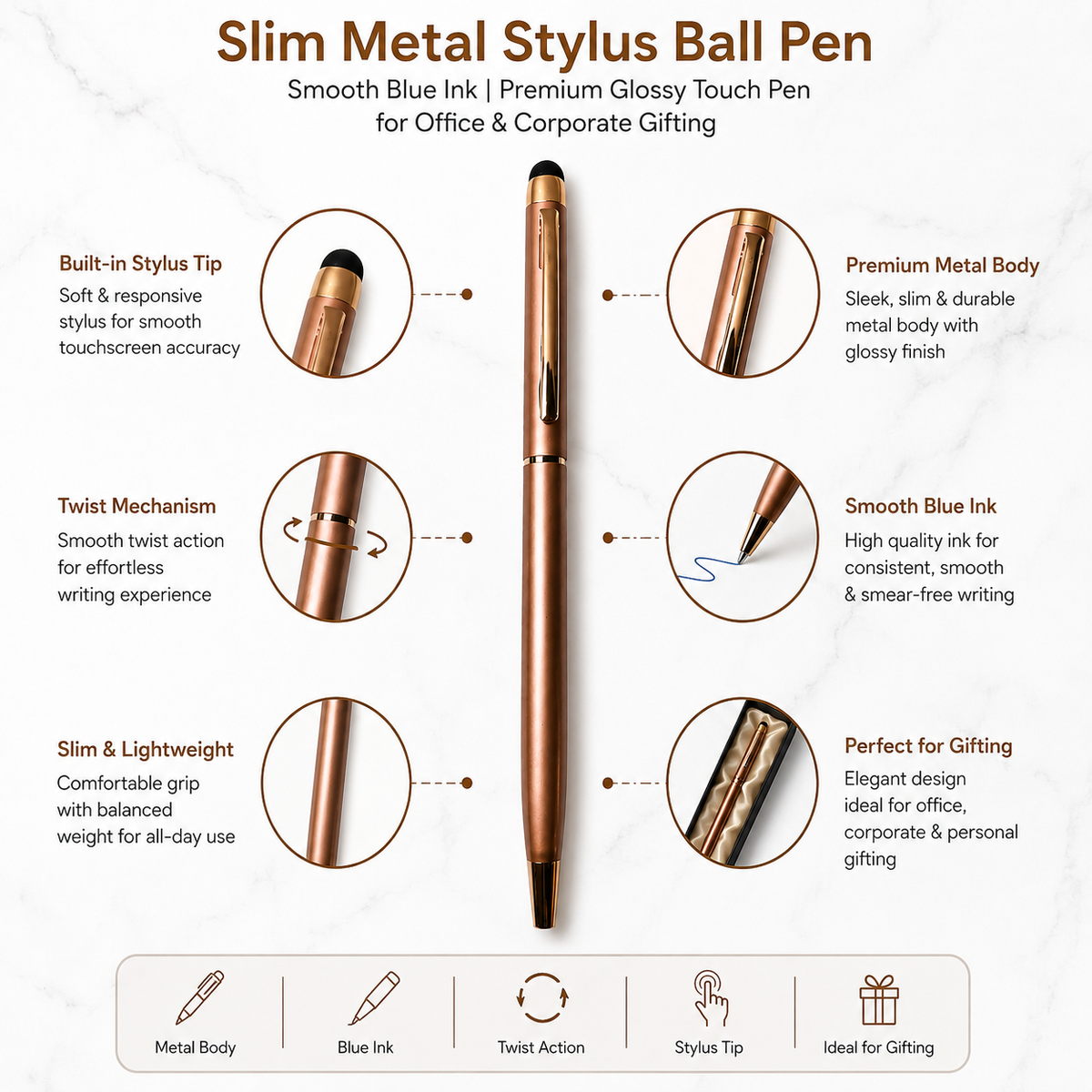 Ballpen Bazaar  Ballpen Bazaar Stylus Metallic Glossy Rose Gold Ball Pen with Copper Clip Twist Mechanism Blue Ink | 3 Pens + 3 Extra Refills with Name Engraving