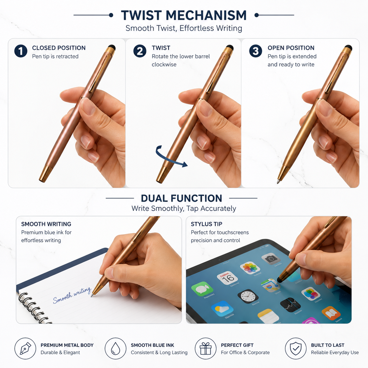 Ballpen Bazaar  Ballpen Bazaar Stylus Metallic Glossy Rose Gold Ball Pen with Copper Clip Twist Mechanism Blue Ink | 3 Pens + 3 Extra Refills with Name Engraving