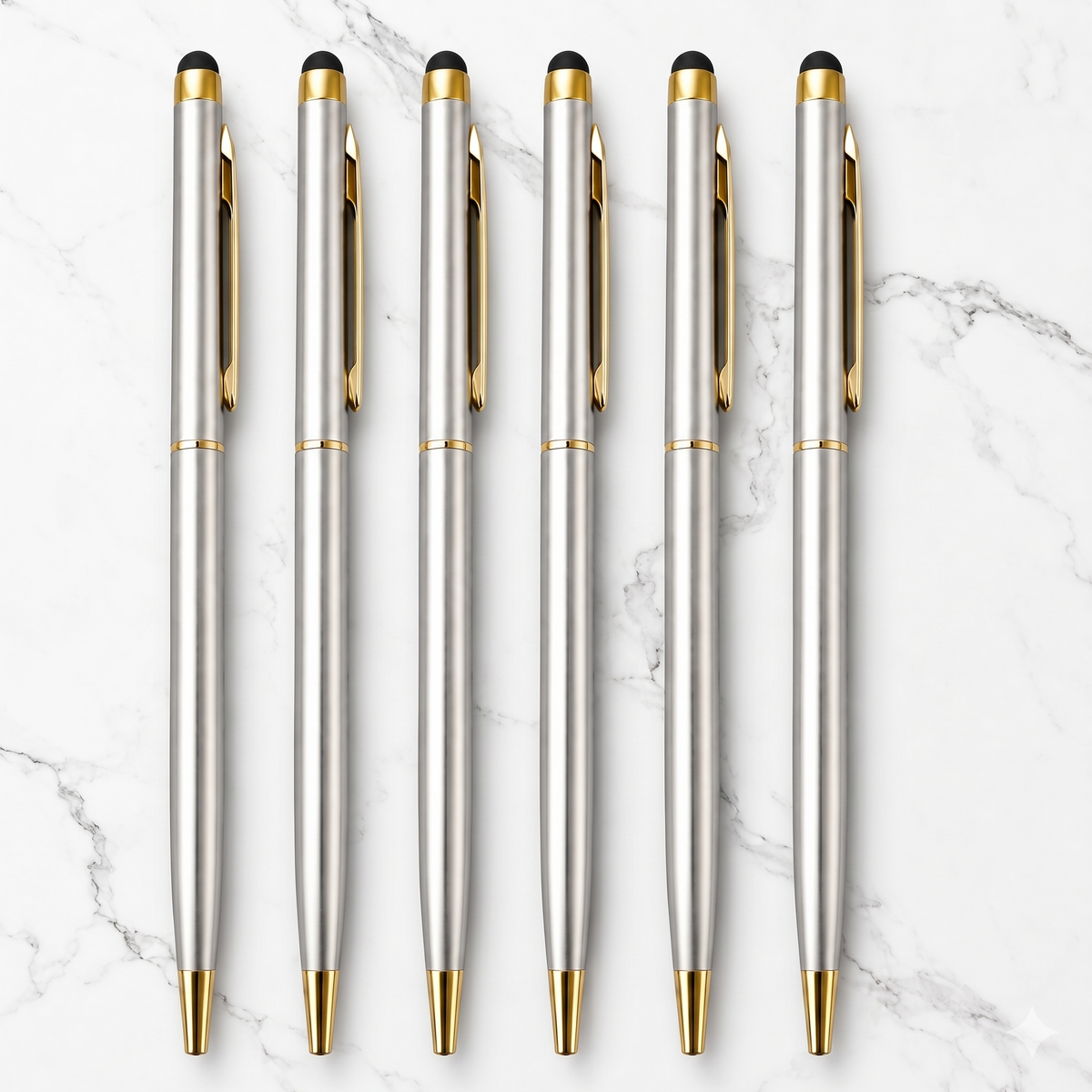 Ballpen Bazaar  Ballpen Bazaar Stylus Metallic Glossy Silver Ball Pen with Gold Clip | Twist Mechanism | Blue Ink | Premium Metal Touch Pen | Pack of 6 with Name Engraving