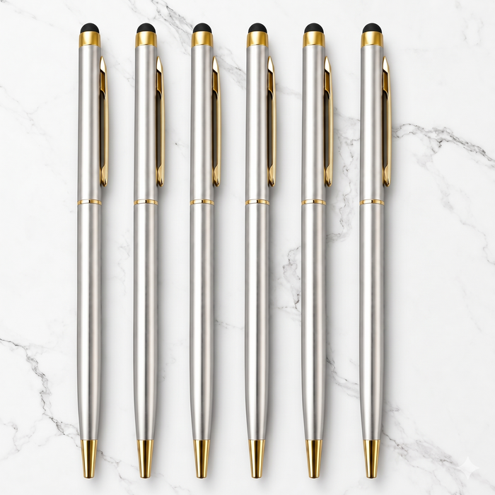 Ballpen Bazaar  Ballpen Bazaar Stylus Metallic Glossy Silver Ball Pen with Gold Clip | Twist Mechanism | Blue Ink | Premium Metal Touch Pen | Pack of 6 with Name Engraving