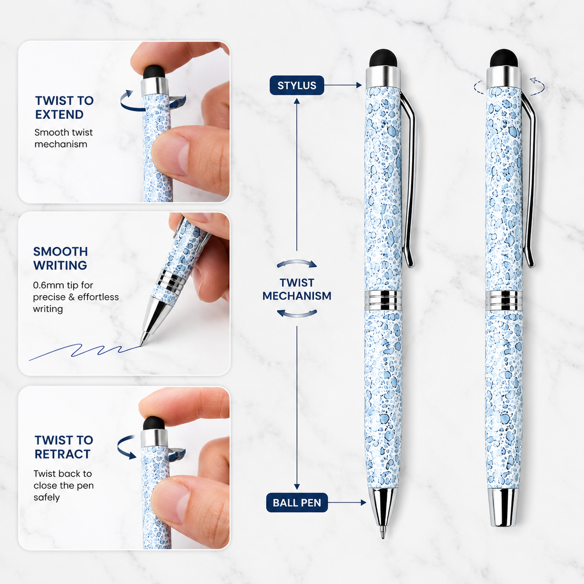 Glossy White Mini Stylus Twist Ball Pen with Silver Clip – Blue Ink product view 6