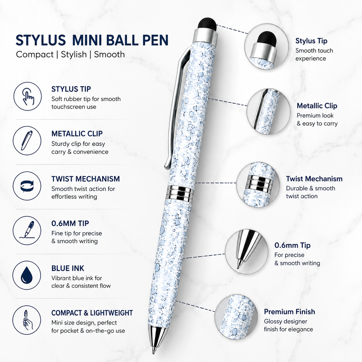 Glossy White Mini Stylus Twist Ball Pen with Silver Clip – Blue Ink product view 7