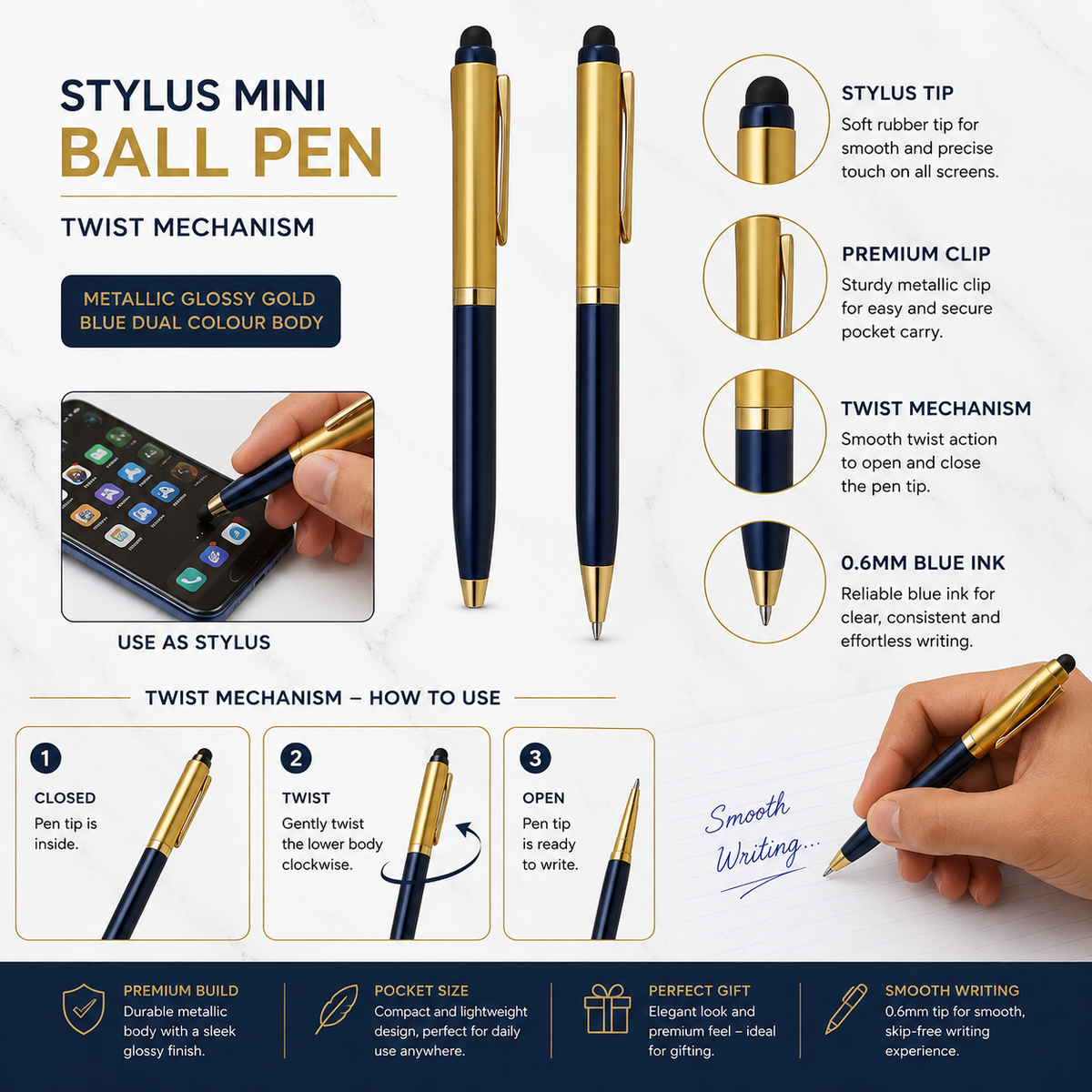 Ballpen Bazaar  Ballpen Bazaar Stylus Set of 2 Mini Metal Ball Pens – Metallic Glossy Gold & Red and Gold & Blue Dual Colour Body with Gold Clip, Twist Mechanism, Blue Ink, 2 Free Mini VT Refills with Name Engraving