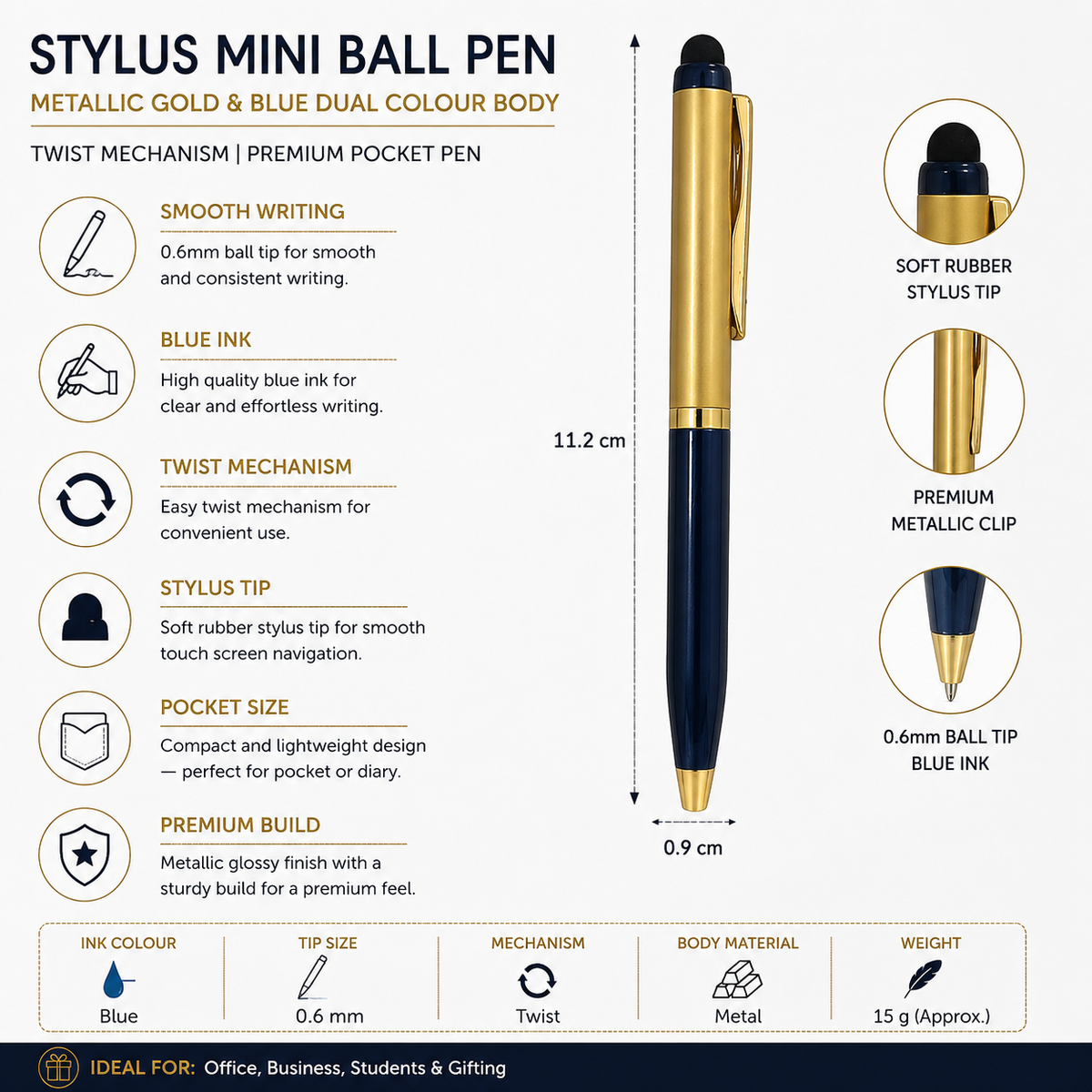 Ballpen Bazaar  Ballpen Bazaar Stylus Set of 2 Mini Metal Ball Pens – Metallic Glossy Gold & Red and Gold & Blue Dual Colour Body with Gold Clip, Twist Mechanism, Blue Ink, 2 Free Mini VT Refills with Name Engraving