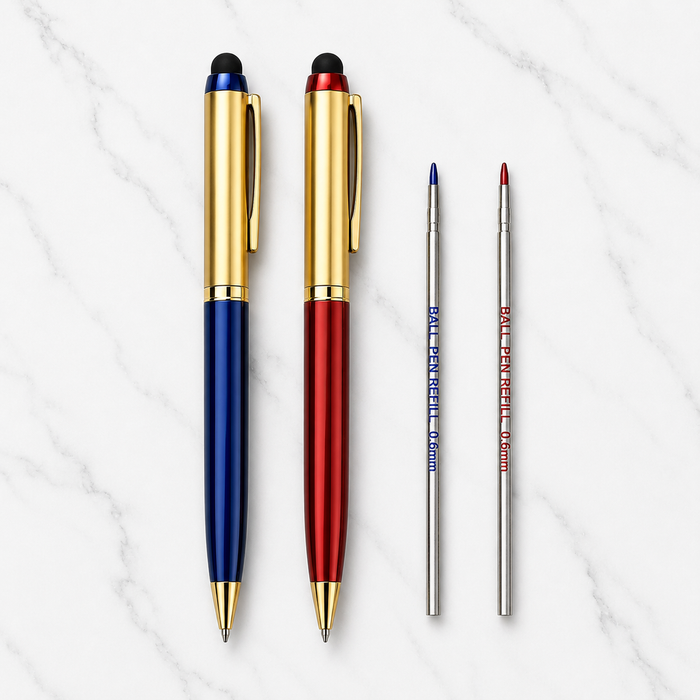 Ballpen Bazaar  Ballpen Bazaar Stylus Set of 2 Mini Metal Ball Pens – Metallic Glossy Gold & Red and Gold & Blue Dual Colour Body with Gold Clip, Twist Mechanism, Blue Ink, 2 Free Mini VT Refills with Name Engraving