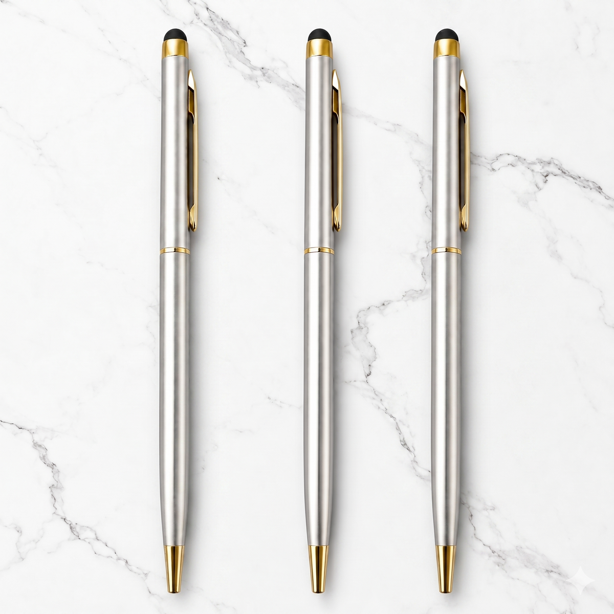 Ballpen Bazaar  Ballpen Bazaar Stylus Silver Body Ball Pen with Gold Clip Twist Mechanism Blue Ink | Set of 3 with Name Engraving