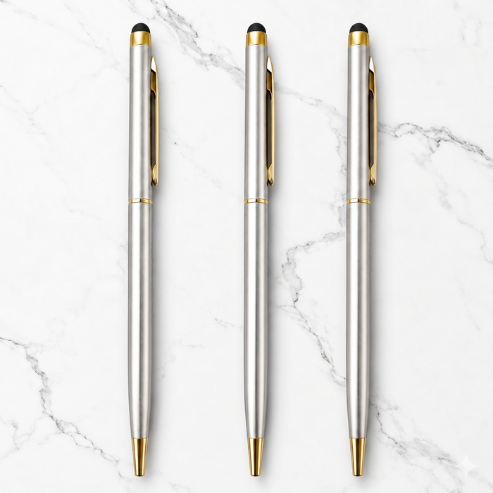 Ballpen Bazaar  Ballpen Bazaar Stylus Silver Body Ball Pen with Gold Clip Twist Mechanism Blue Ink | Set of 3 with Name Engraving