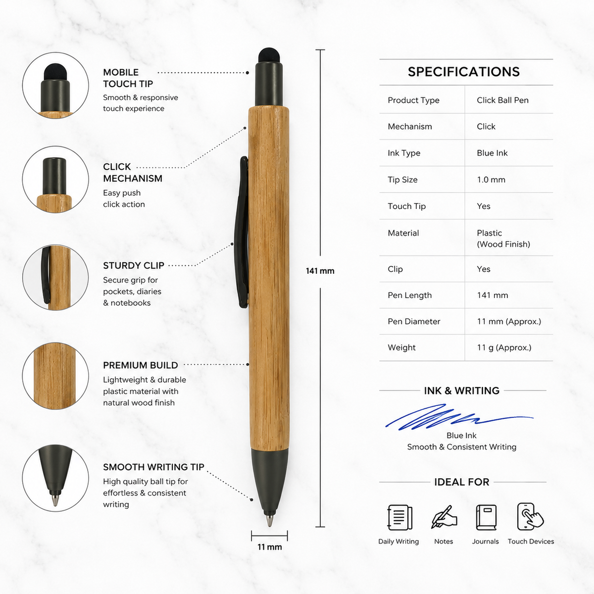 Ballpen Bazaar  Ballpen Bazaar Stylus Wooden Colour Body Ball Pen with Gray Clip Click Mechanism Blue Ink | 1 Pen + 1 Extra Refill with Name Engraving
