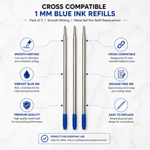 Ballpen Bazaar Cross Compatible 1 MM Blue Ink Refills Pack of 3 | Smooth Writing Metal Ball Pen Refill Replacement