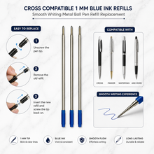 Ballpen Bazaar Cross Compatible 1 MM Blue Ink Refills Pack of 3 | Smooth Writing Metal Ball Pen Refill Replacement