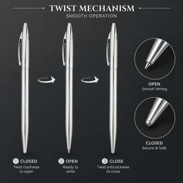 Ballpen Bazaar Full Silver Twist Mechanism Ball Pen with Silver Clip | Blue Ink | Metal Body