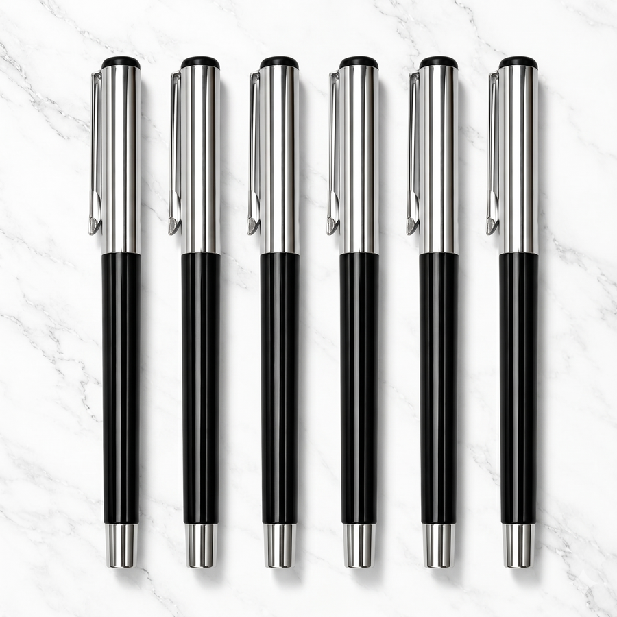 Glossy Black Ball Pen Set of 6 with Silver Cap, Openable, Blue Ink — Ballpen Bazaar
