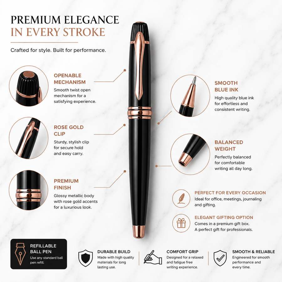 Glossy Black Ball Pen with Black Cap & Copper Clip, Openable, Blue Ink — Ballpen Bazaar