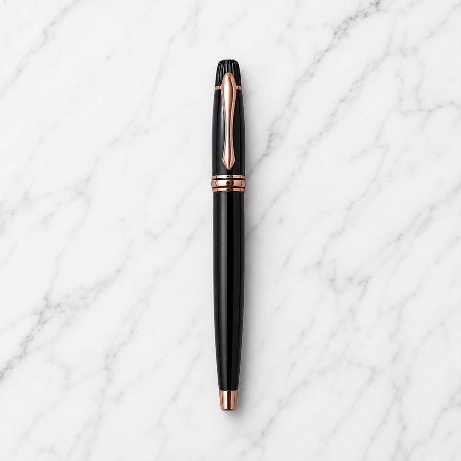 Glossy Black Ball Pen with Black Cap & Copper Clip, Openable, Blue Ink — Ballpen Bazaar