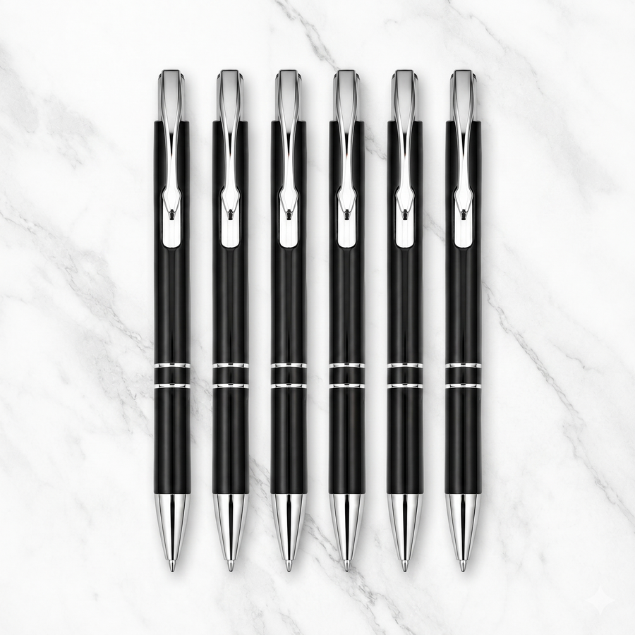 Glossy Black Ball Pen Set of 6 with Silver Clip, Click, Blue Ink — Ballpen Bazaar