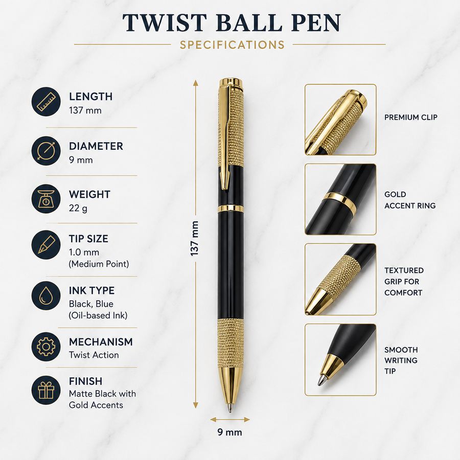 Set of 2 Metallic Glossy Black Ball Pens with Gold & Gunmetal Textured Grip, Twist Mechanism, Blue Ink, 2 Pens + 2  — Ballpen Bazaar