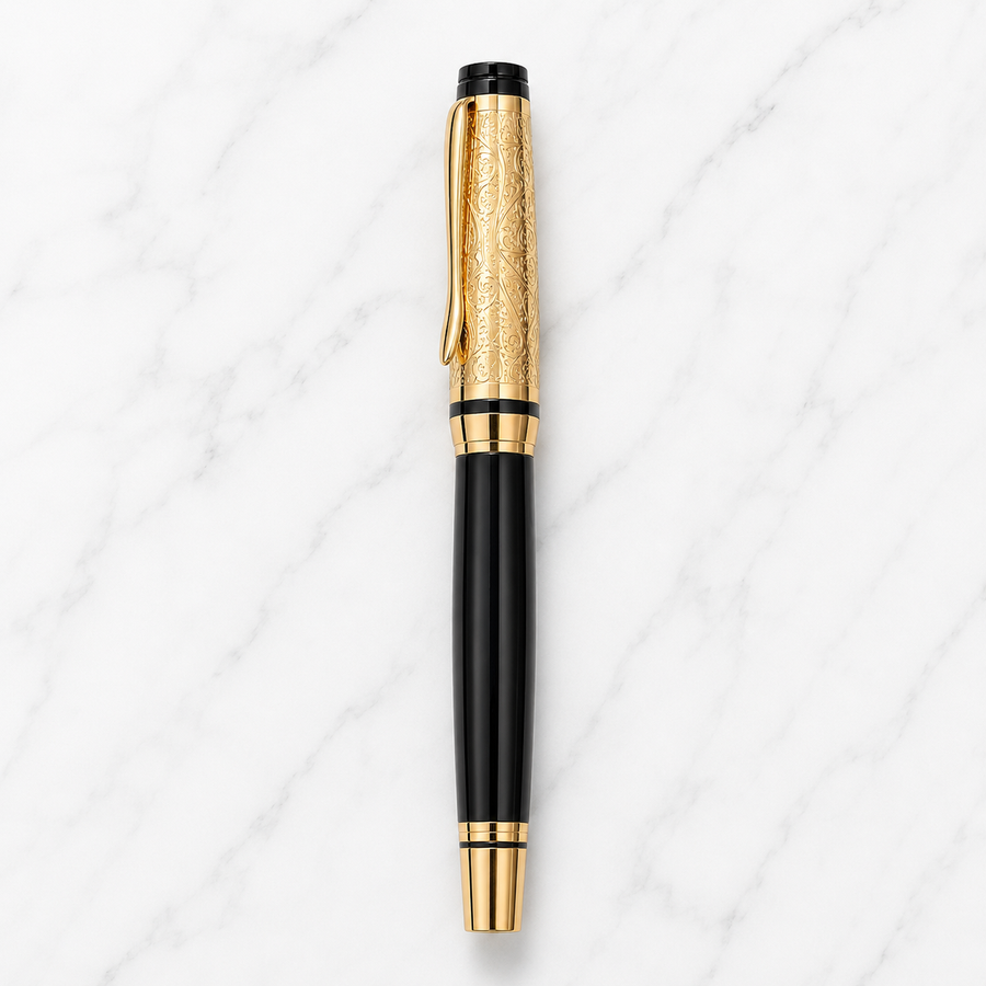 Glossy Black Roller Ball Pen with Designer Gold Cap, Blue Ink, 1 Free Roller Refill — Ballpen Bazaar