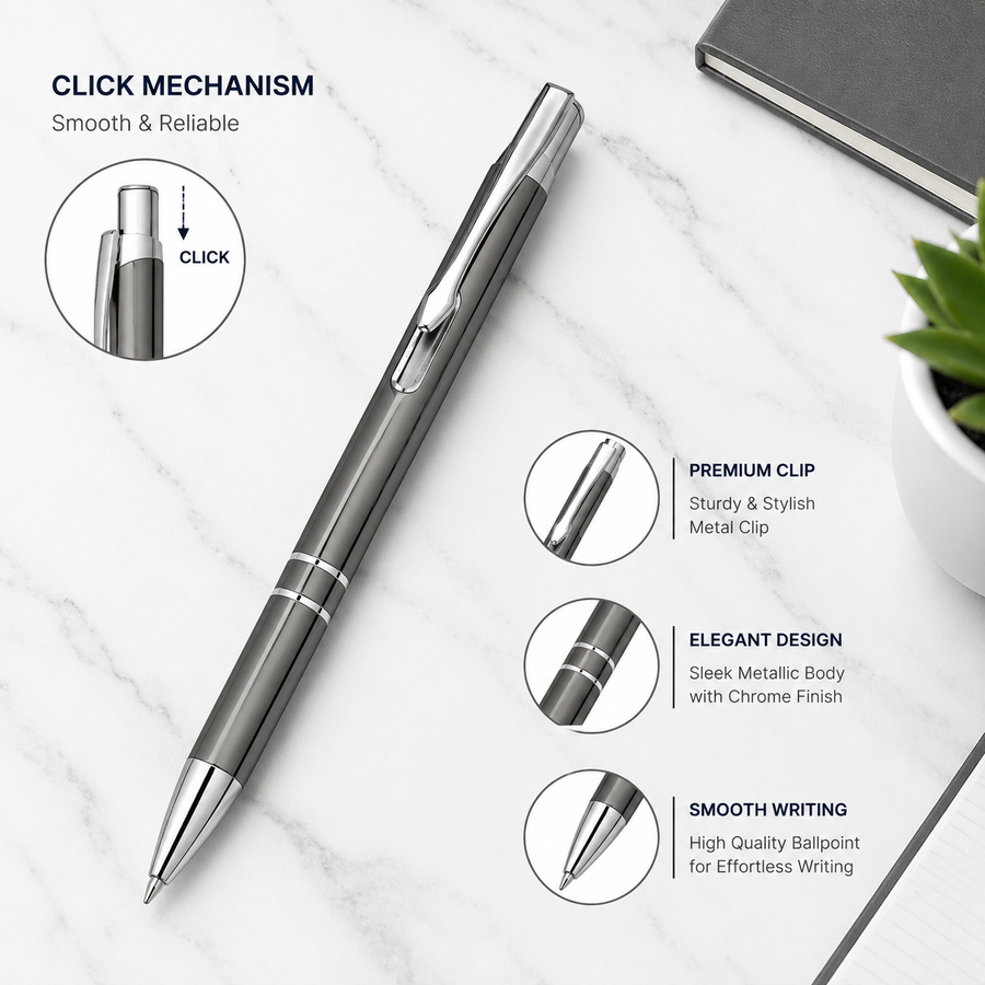 Glossy Gray Ball Pen with Silver Clip, Click, Blue Ink — Ballpen Bazaar