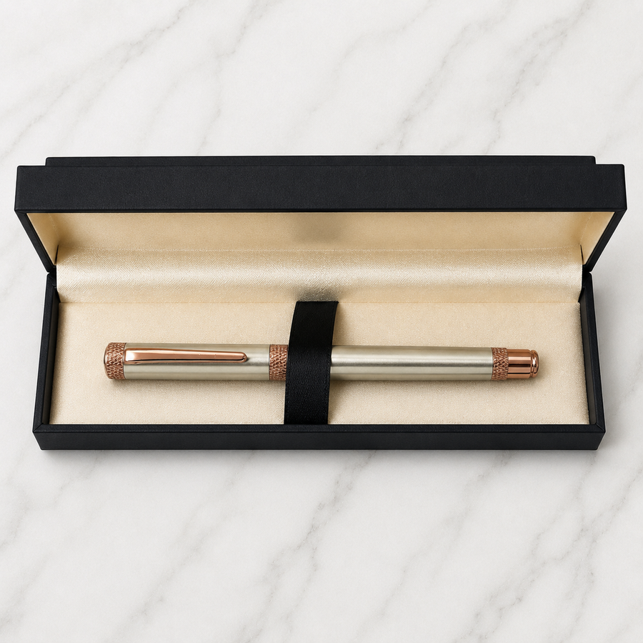 Glossy Gunmetal Roller Ball Pen with Brown Clip, Blue Ink, 1 Free Roller Refill — Ballpen Bazaar
