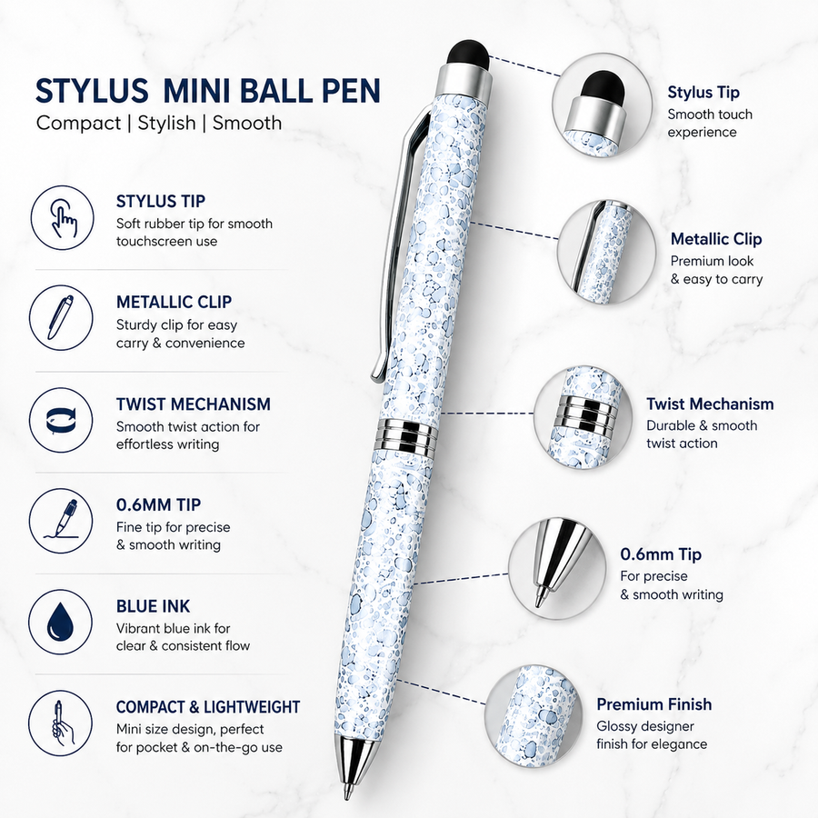 Glossy White Mini Stylus Twist Ball Pen with Silver Clip – Blue Ink — Ballpen Bazaar
