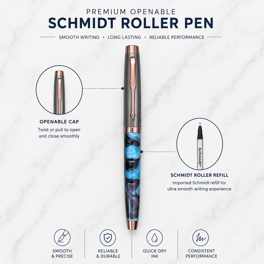 Gunmetal & Blue Acrylic Designer Roller Ball Pen, Blue Ink, 1 Free Roller Refill — Ballpen Bazaar