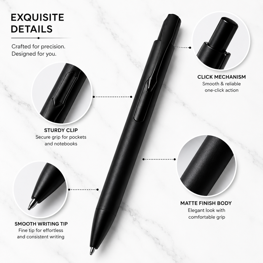 Matt Black Ball Pen Set of 2 with Black Clip, Click, Blue Ink — Ballpen Bazaar