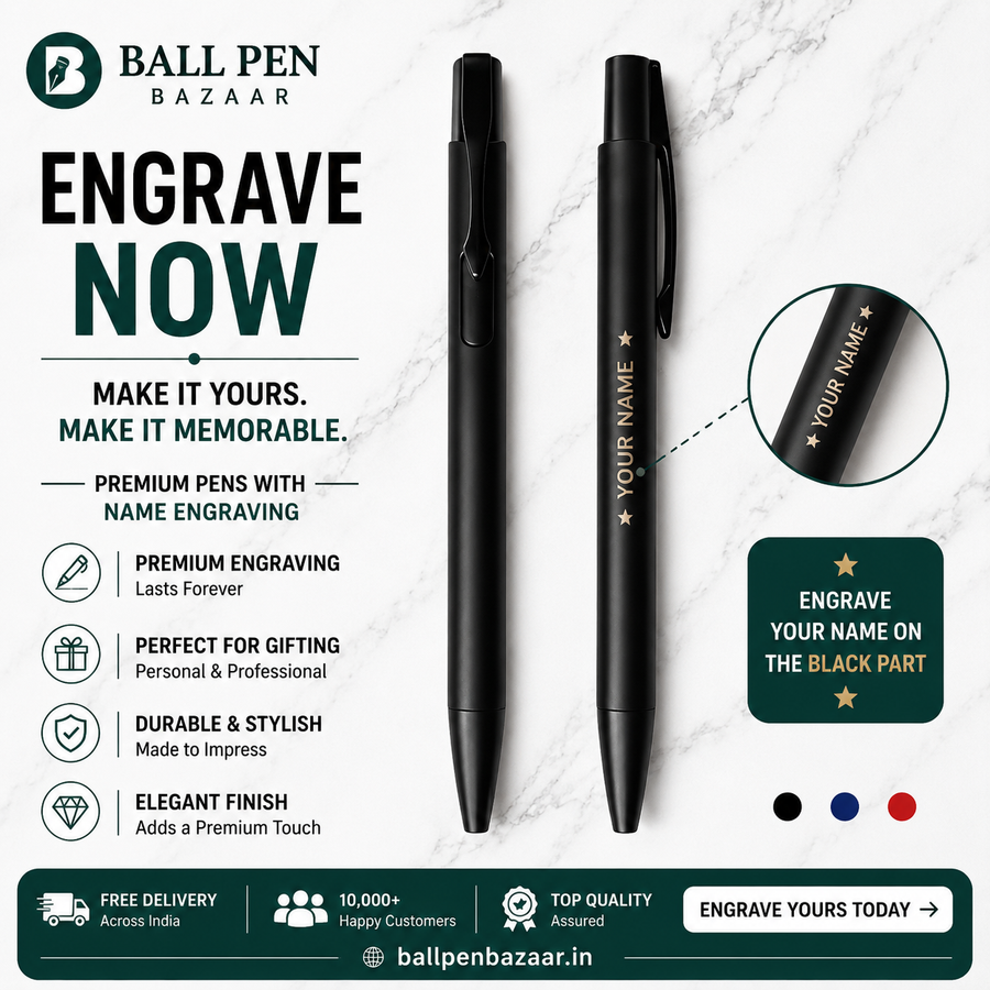 Matt Black Ball Pen Set of 2 with Black Clip, Click, Blue Ink — Ballpen Bazaar
