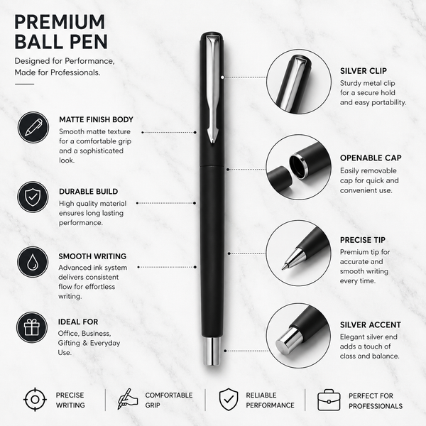 Ballpen Bazaar Matt Black Ball Pen with Black Cap & Silver Clip | Openable Cap Mechanism | Smooth Blue Ink Writing Pen | Premium Executive Ballpoint Pen | 1 Pc