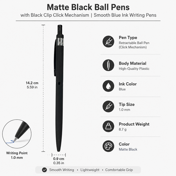 Ballpen Bazaar Matt Black Body Ball Pen with Glossy Black Clip | Click Mechanism | Smooth Blue Ink Writing Pen | Premium Everyday Ballpoint Pen | 1 Pc