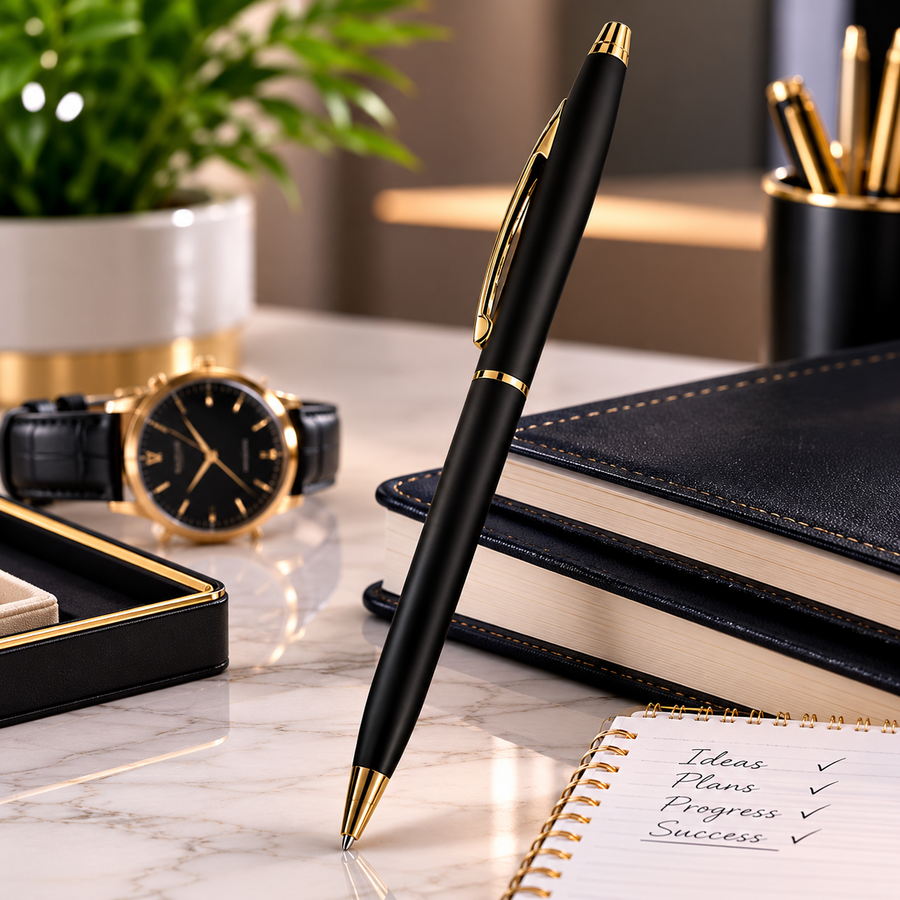 Matt Black Ball Pen with Gold Clip, Twist, Blue Ink — Ballpen Bazaar