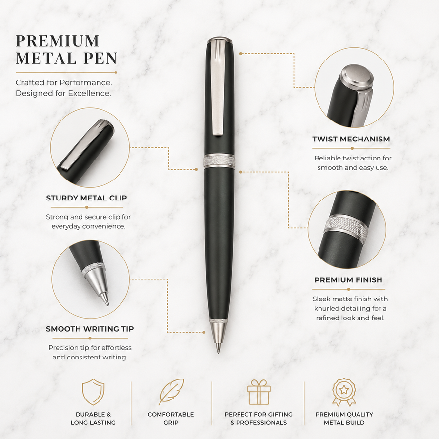 Matt Black Ball Pen with Gunmetal Clip, Twist Mechanism, Blue Ink, Metal Executive Pen, 1 Pen with 1 Extra Blue Ref — Ballpen Bazaar