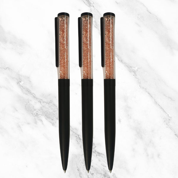 Set of 3 Matte Black Ball Pens with Pink Crystal Top | Blue Ink