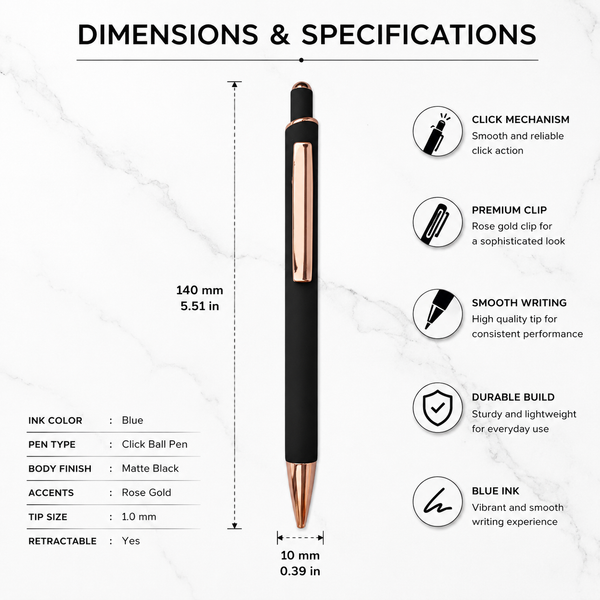 Ballpen Bazaar Matt Black Ball Pen with Rose Gold Clip | Click Mechanism | Smooth Blue Ink Writing Pen | Premium Executive Ballpoint Pen | 1 Pc