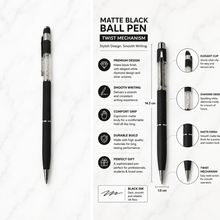 Ballpen Bazaar Matt Black Ball Pen with Silver Clip & White Diamond Design | Twist Mechanism | Smooth Blue Ink Writing Pen | Premium Executive Ballpoint Pen | 1 Pc