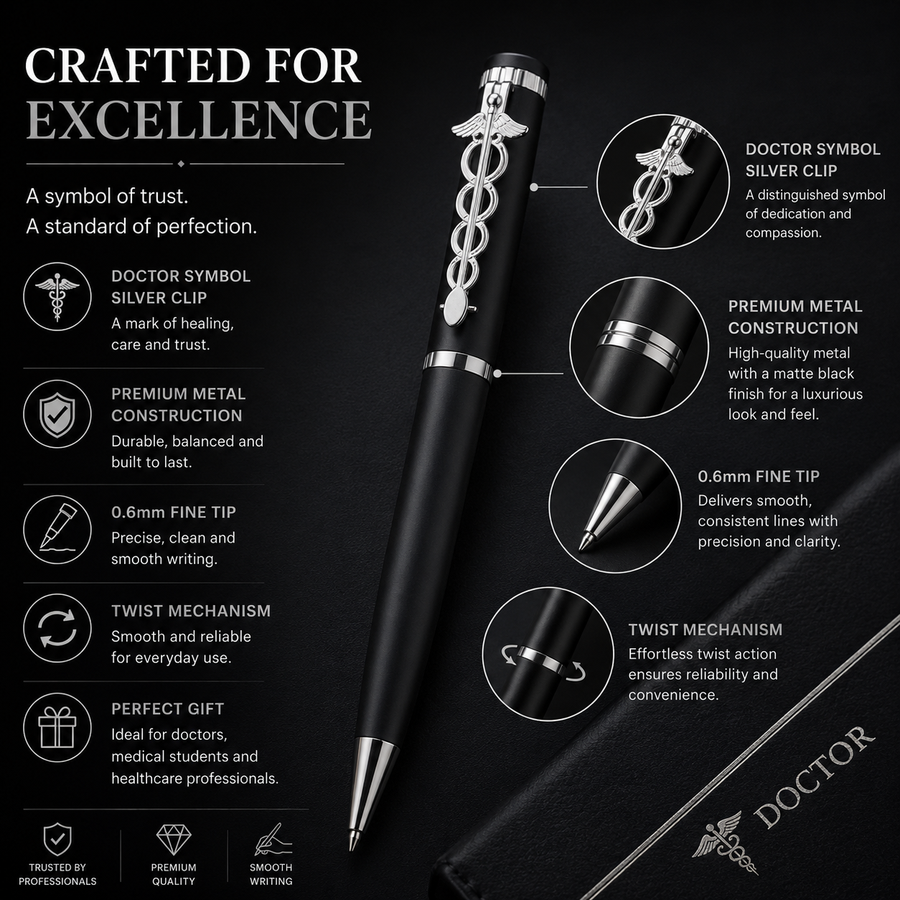 Matt Black Doctor Symbol Ball Pen with Silver Clip, Twist, Black Ink, 1 Extra Cross-Type Refill — Ballpen Bazaar