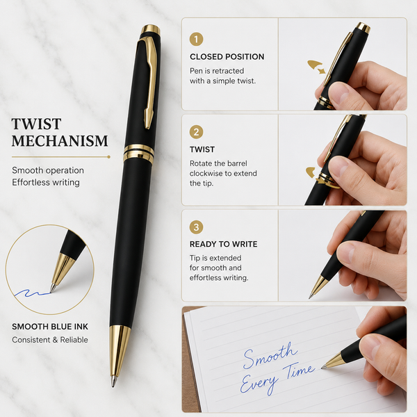 Ballpen Bazaar Matt Black Body Ball Pen with Glossy Gold Clip | Twist Mechanism | Smooth Blue Ink Writing Pen | Premium Executive Ballpoint Pen | 1 Pc