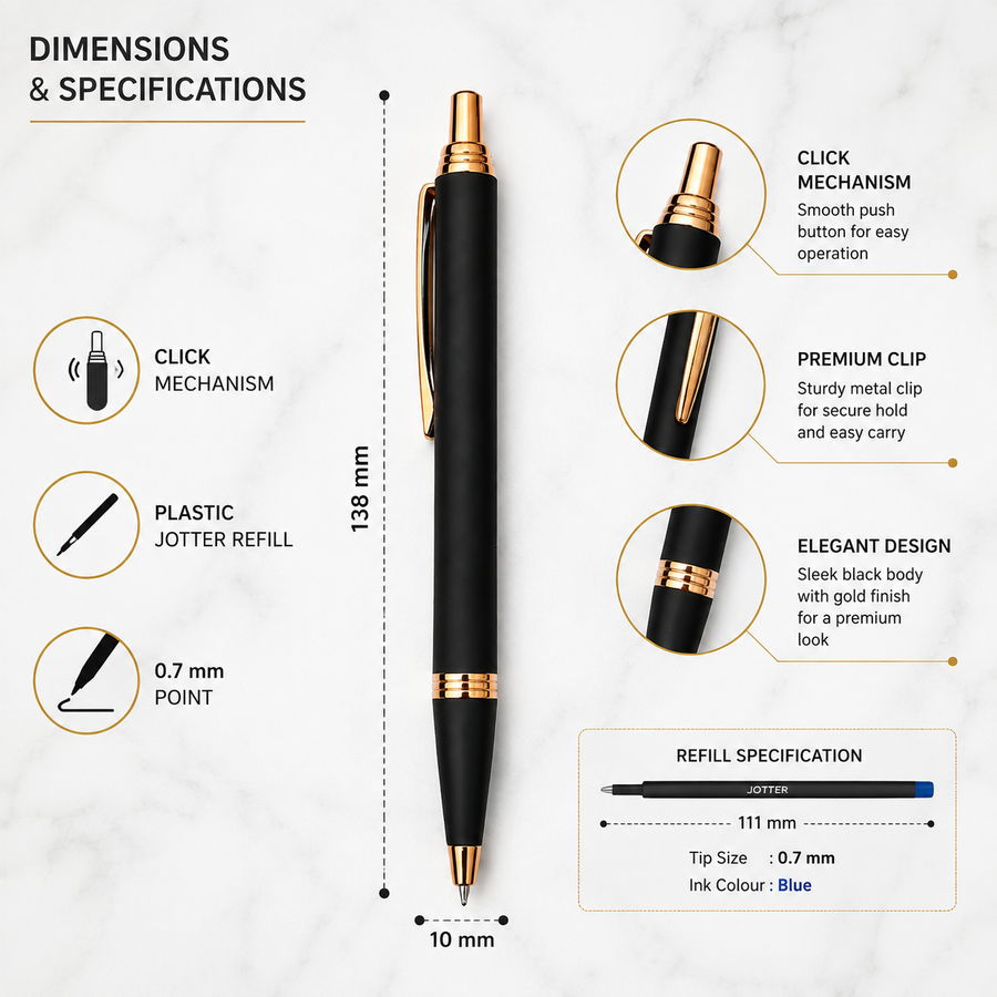 Set of 2 Click Mechanism Metal Ball Pens – Matt Black Copper Clip & Matt Black Black Clip, Blue Ink, 2 Free Refills — Ballpen Bazaar