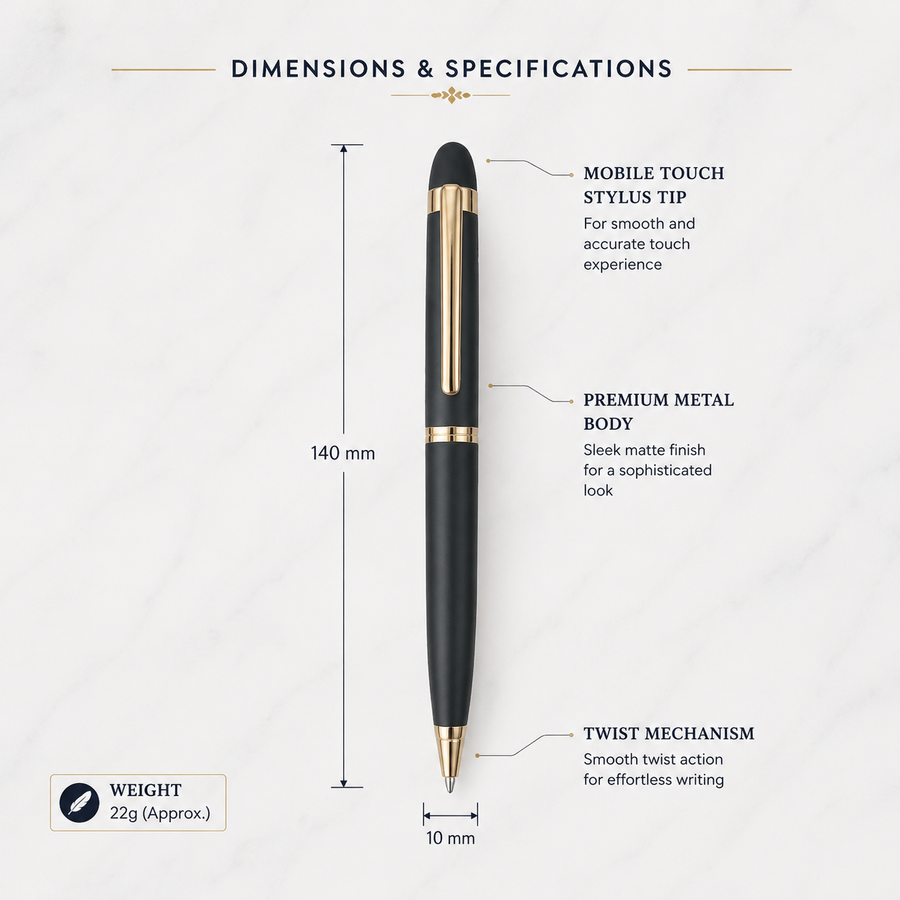 Set of 4 Metal Twist Ball Pens, Matt Black Gold Clip & Stylus Black Blue Pens, Blue Ink, 4 Pens with Refills — Ballpen Bazaar