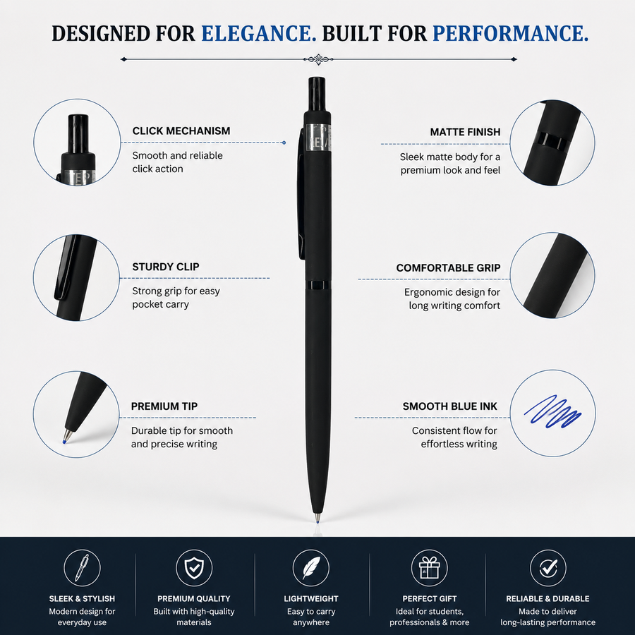 Matt Black Metal Ball Pen with Glossy Black Clip, Click, Blue Ink, 1 Extra Plastic Jotter Refill — Ballpen Bazaar