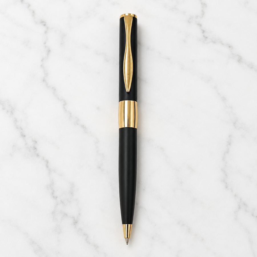 Matt Black Metal Ball Pen with Gold Design & Gold Clip, Twist Mechanism, Blue Ink, 1 Pen + 1 Free Refill — Ballpen Bazaar