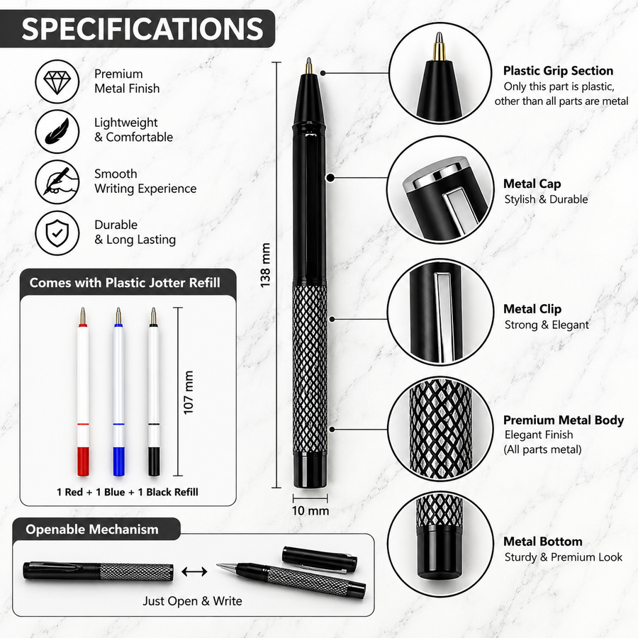 Set of 3 Metal Openable Ball Pens – Matt Blue, Matt Black & Matt Black White Grid Design, Blue Ink, 3 Free Refills — Ballpen Bazaar