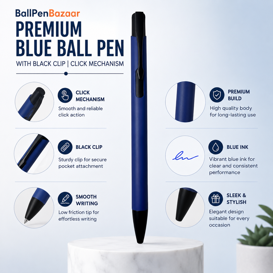 Matt Blue Ball Pen Set of 2 with Glossy Black Clip, Click, Blue Ink — Ballpen Bazaar