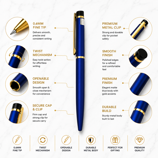 Matte Blue Ball Pen – Gold Clip | Twist Ball Pen