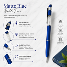 Ballpen Bazaar Matt Blue Ball Pen with Silver Clip & White Diamond Top | Twist Mechanism | Blue Ink | 1 Pc