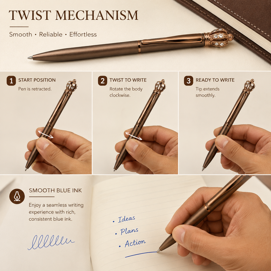 Matt Brown Ball Pen with Brown Clip & Diamond Crown Top, Twist Mechanism, Blue Ink, Metal Pen, 1 Pen with 1 Free Bl — Ballpen Bazaar