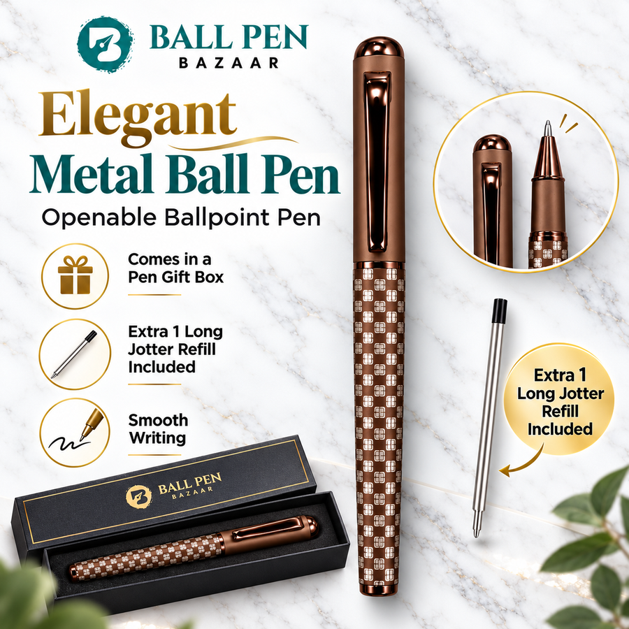 Matt Brown Grid Design Openable Ball Pen with Glossy Brown Clip | Black Ink | 1 Extra Refill