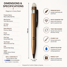 Ballpen Bazaar Matt Coffee Ball Pen with Glossy Brown Clip & White Crystal Diamond Top | Twist Mechanism | Smooth Blue Ink Writing Pen | Premium Executive Ballpoint Pen | 1 Pc
