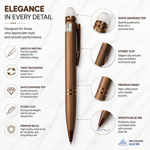 Ballpen Bazaar Matt Coffee Ball Pen with Glossy Brown Clip & White Crystal Diamond Top | Twist Mechanism | Smooth Blue Ink Writing Pen | Premium Executive Ballpoint Pen | 1 Pc
