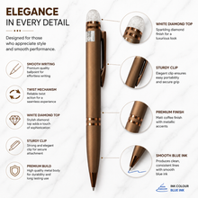Ballpen Bazaar Matt Coffee Ball Pen with Glossy Brown Clip & White Crystal Diamond Top | Twist Mechanism | Smooth Blue Ink Writing Pen | Premium Executive Ballpoint Pen | 1 Pc