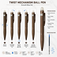 Ballpen Bazaar Matt Coffee Ball Pen with Glossy Brown Clip & White Crystal Diamond Top | Twist Mechanism | Smooth Blue Ink Writing Pen | Premium Executive Ballpoint Pen | 1 Pc